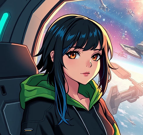 an alternative girl with a. black and green hoodie and black hair with blue highlights and