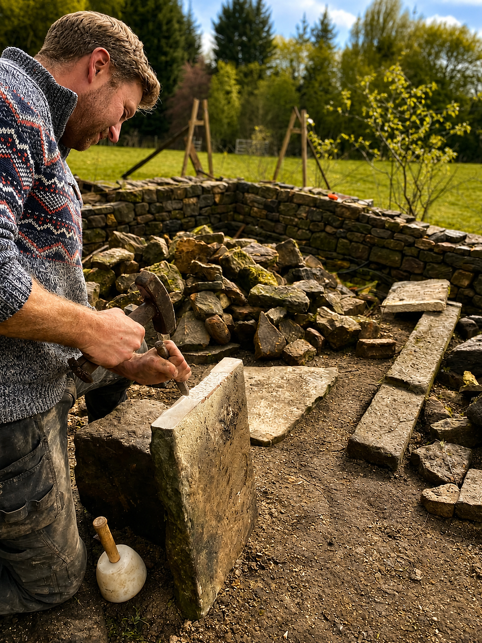 Gary Ives (man) founder of Earth, Stone & Mortar carving stone for a dry stone wall outdoors in Chinley