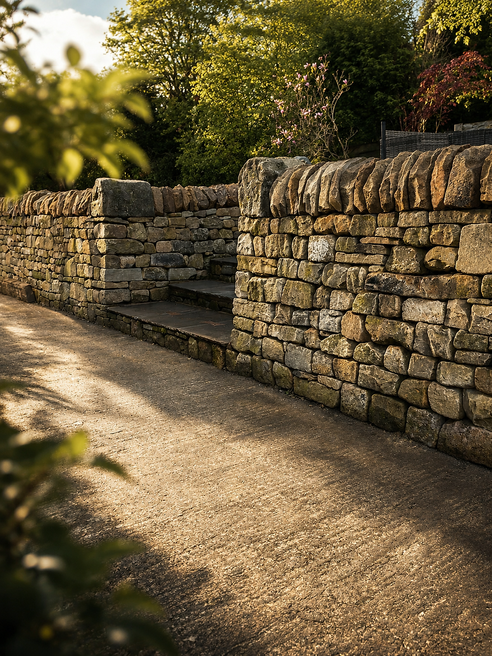 Dry Stone wall and garden pathway with stone steps and intricate cut out stone detailing