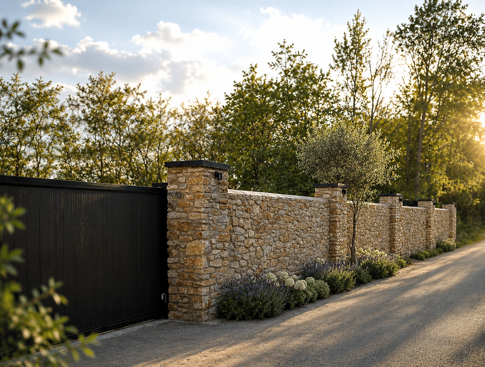 Natural mortared stone wall with black gate and trees at sunset located in Buxton, Derbyshire