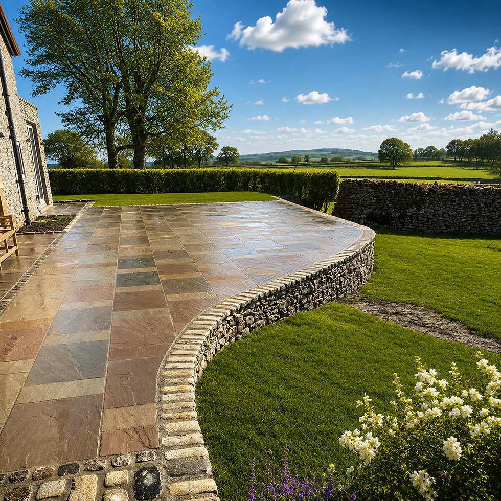 Curved raised indian stone patio overlooking a green landscape located in Wormhill