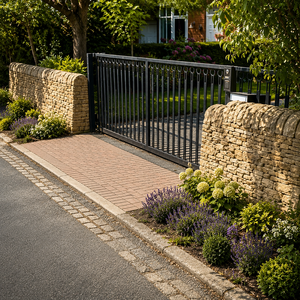 Black metal sliding driveway gate between dry stone pillars and walling, located in New Mills, High Peak