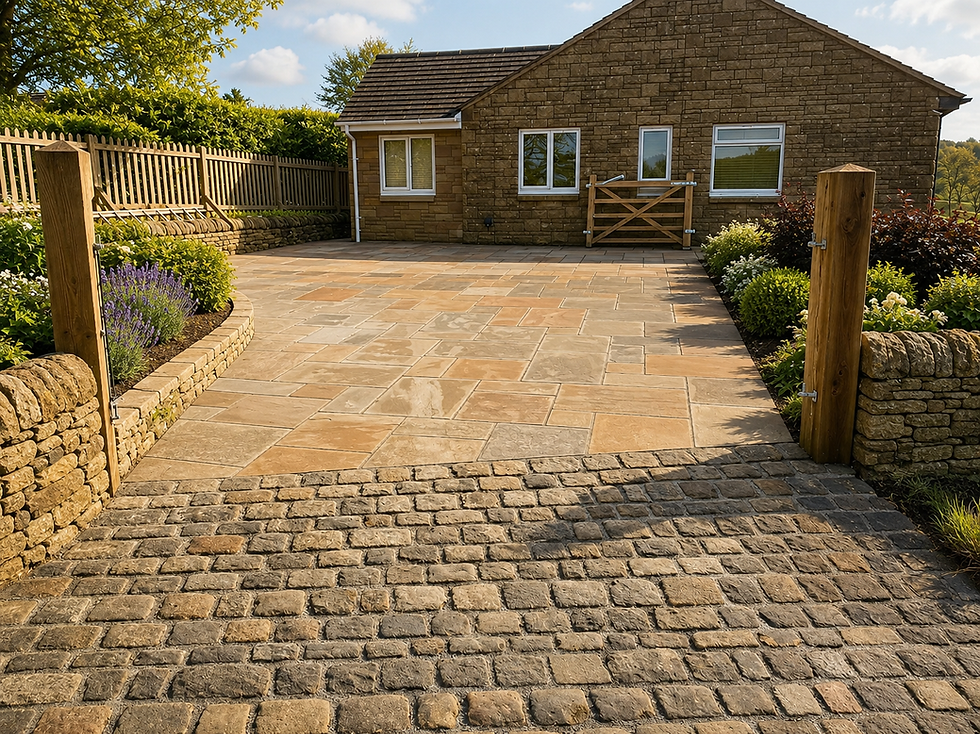 Traditional cobbled stonework driveway and patio beside a stone house, with dry stone walls either side