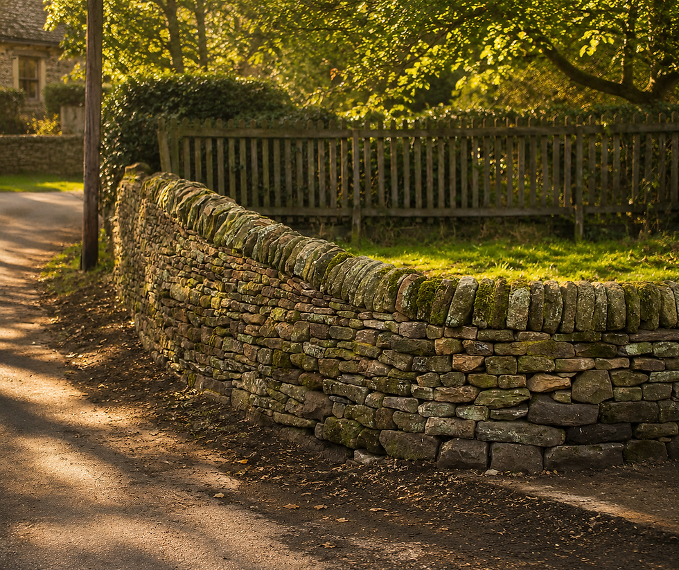 Traditional stonework dry stone wall by a wooden fence