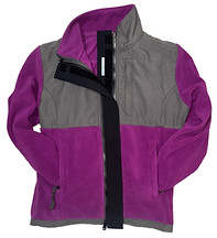 A purple winter coat with a partially opened black ZipperBuddy on it