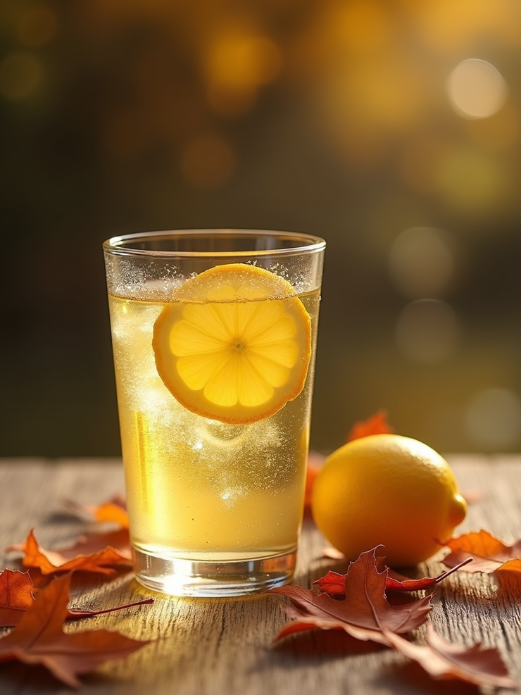 A glass of water with lemon slices sitting on a rustic wooden table with scattered fall leaves.