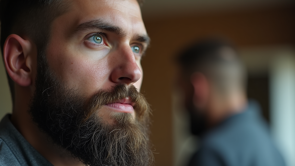 Eye-level view of a full beard with trimmed sides on a rectangular face