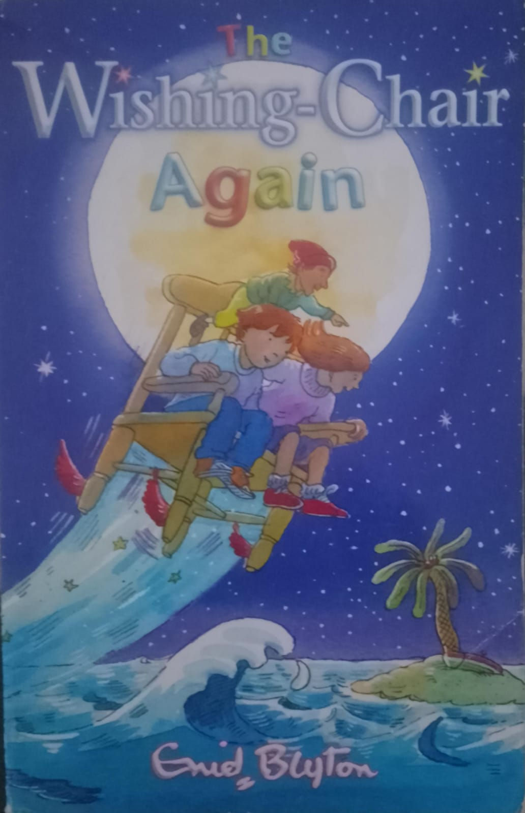 Children flying on chair, title: Again