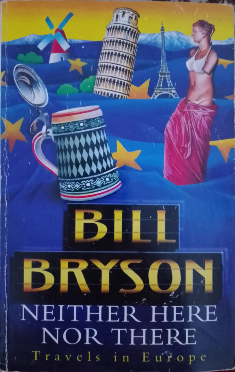 Bill Bryson book cover with text and European imagery as background.