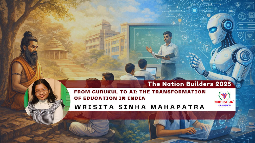 Infographic illustrating the transformation of Indian education from Gurukul system to AI-powered Intelligent Tutoring Systems, highlighting key milestones like colonial reforms, ICT integration, and NEP 2020.