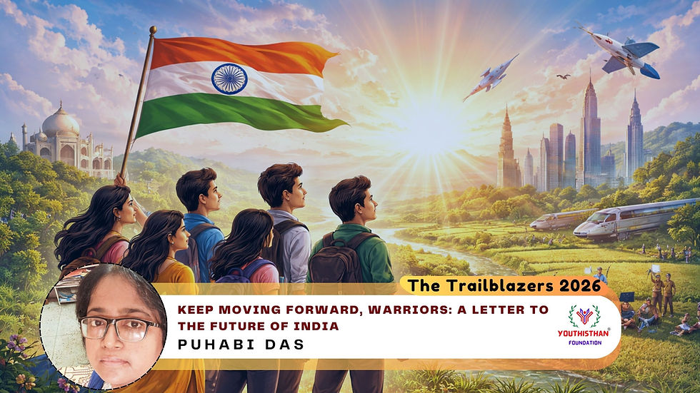 An illustration of Indian youth standing confidently with symbols of heritage, technology, and progress, representing the future of India.