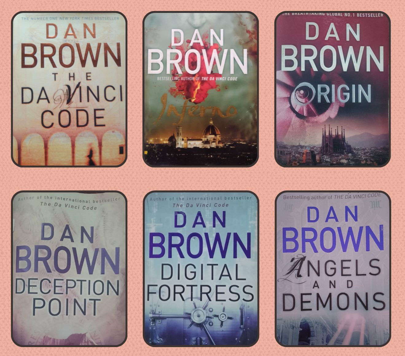 Collection of Dan Brown book covers: The Da Vinci Code, Origin, and more