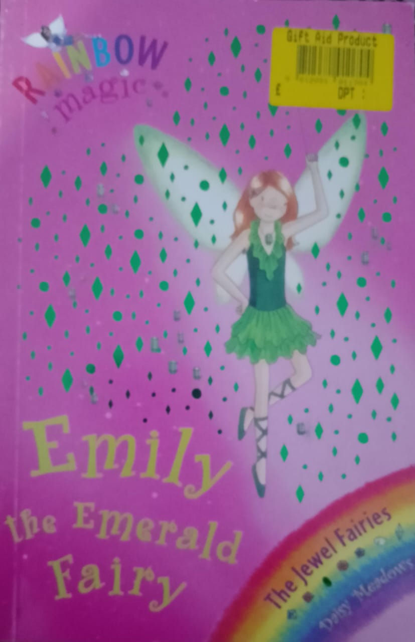 Emily the Emerald Fairy, colorful illustration with text on pink background.