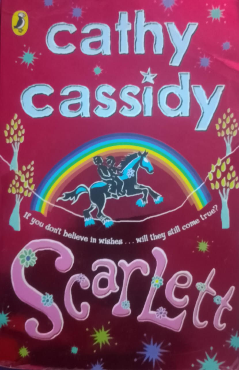 Cassidy, Scarlet book cover with horse, rainbow and text. If you don't believe in wishes