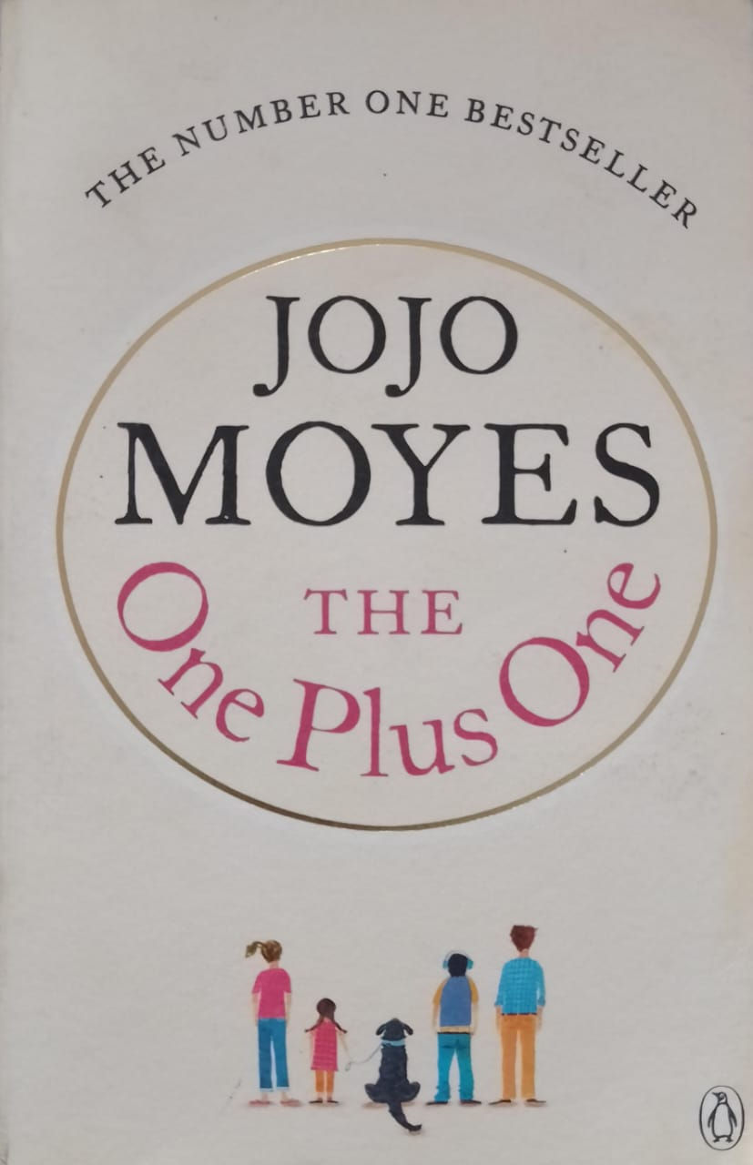 Book cover for Jojo Moyes, The One Plus One, in a white oval.