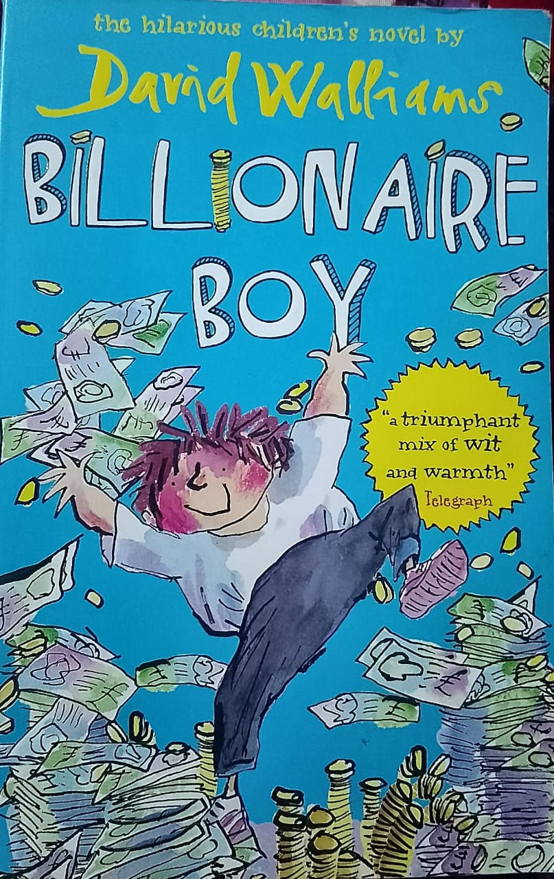 Billionaire Boy book cover: joyful boy amidst money