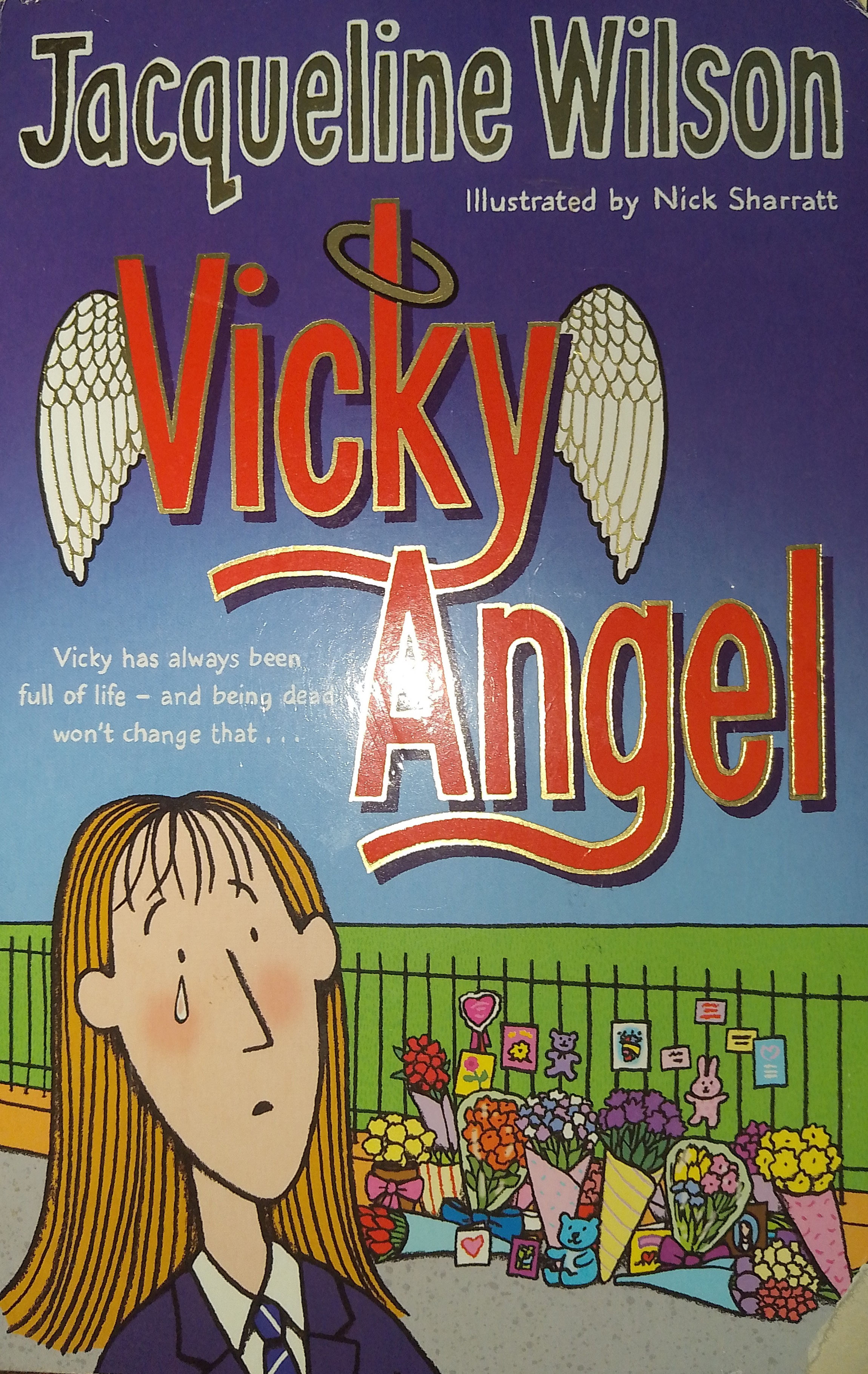 Vicky Angel book cover: girl, title, and flowers