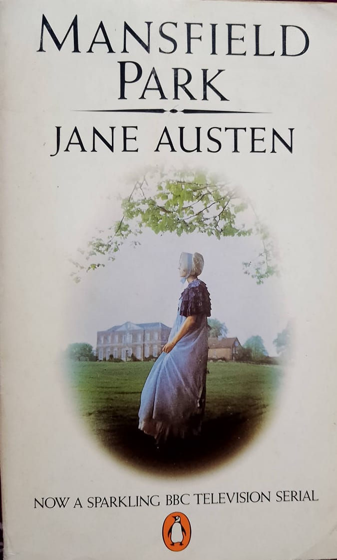 Jane Austen book cover with woman and house in background
