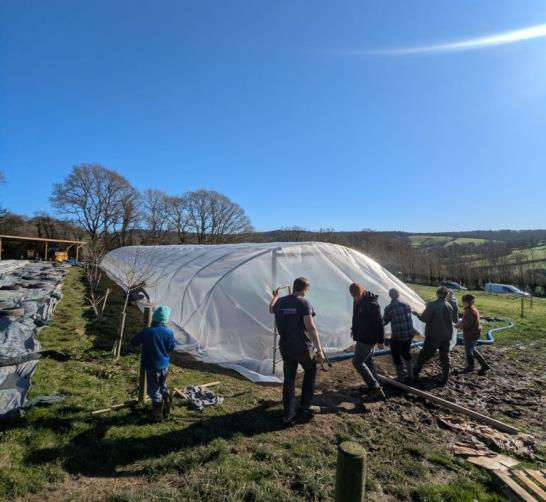 People assemble a polytunnel in a sunny, rural landscape with rolling hills and clear skies. Trees and protective covers are in the background.