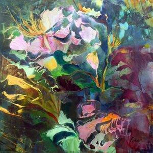 Abstract painting of vibrant flowers with swirling leaves in purples, greens, and yellows. The mood is lively and dynamic without any visible text.