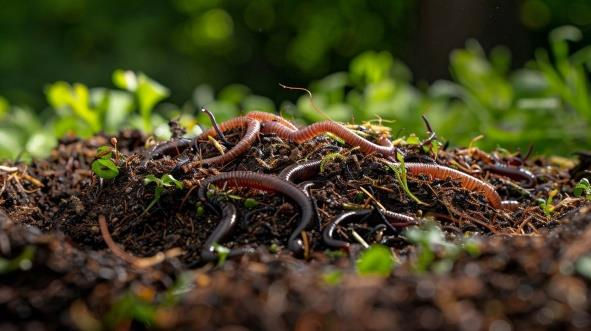 Many earthworms wriggle through rich, dark soil with green sprouts emerging, set against a blurred, lush background in a vibrant garden scene.
