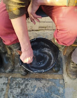 Person in red pants and black boots stirring a biodynamic preparation in a black bucket with a stick. They are seated on a stone path, arms showing stirring action.