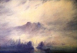 colour painting of moody winter landscape with sunlit mist obscurring a tor and wooded horizon line.