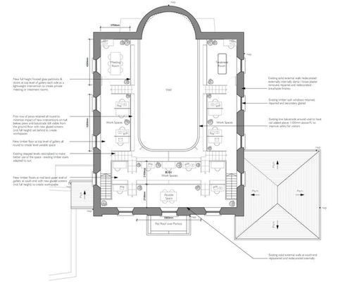 architect's drawing of the first floor plan view of the old Methodist Church in Buckfastleigh