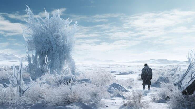 Person in warm clothing stands in a snowy landscape, near a large ice structure. The sky is cloudy, yet shapes of the ice and snow-covered vegetation can be seen.