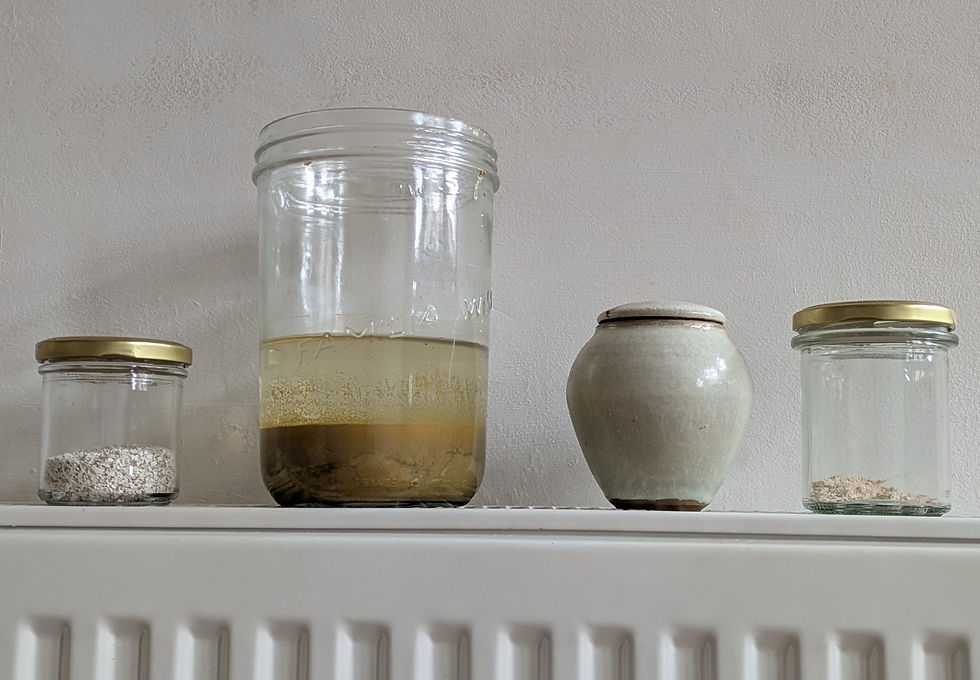 radiator shelf with four jars with various mixture including silica 501 biodynamic preparation 501 