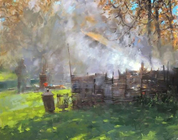 Impressionist scene of a person near a smoky bonfire by a wooden fence in a grassy area. Autumn trees in the background. Warm, hazy atmosphere.