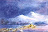 colour painting of winter landscape with dark sky and flock of sheep in front of tall snow-covered hills