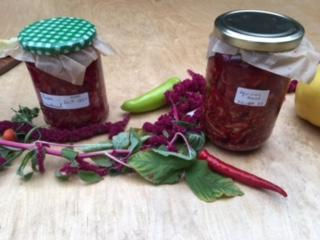 Two jars of sauerkraut made from fermented red cabbage with handwritten labels sit on a wooden table, surrounded by chili peppers and green leaves.