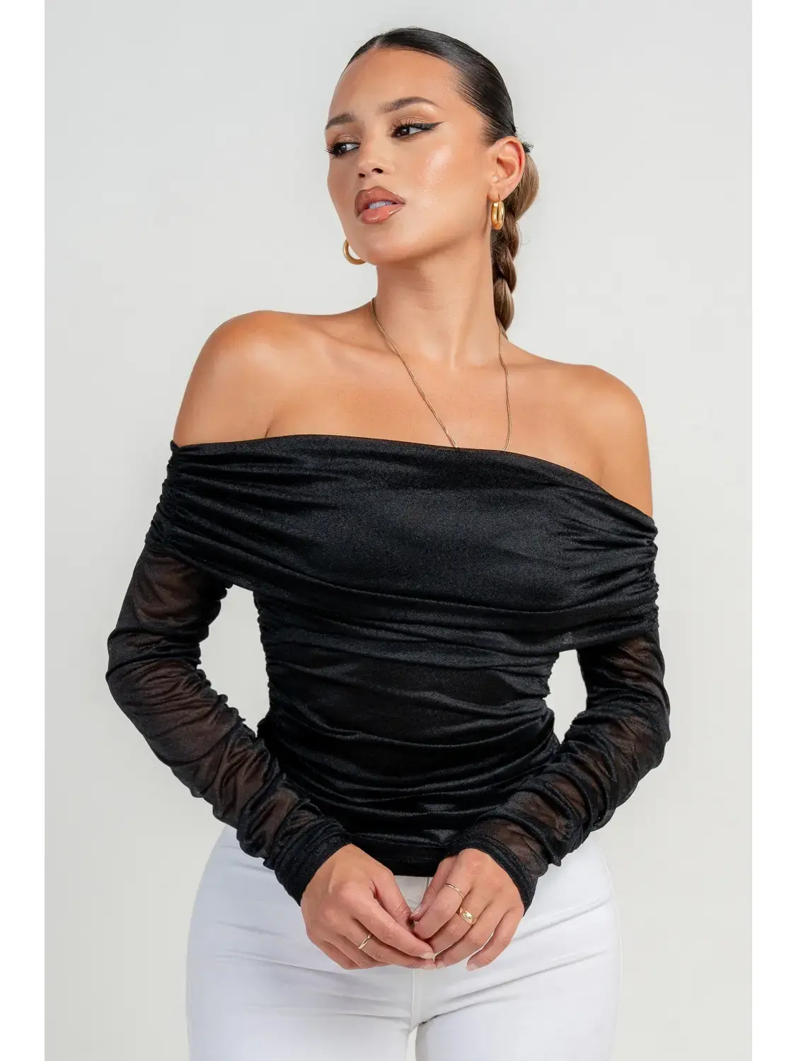 Long Sleeve The Shoulder Ruched Mesh Top