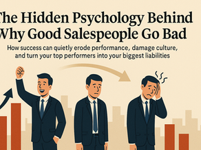 Three stages of a salesperson’s journey—confident success, neutral complacency, and stressed decline—set against a city skyline backdrop with performance bars, representing the psychological erosion of top sales talent.
