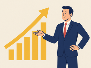 Illustration of a confident businessman in a navy suit and red tie standing beside a rising yellow arrow and bar chart, symbolizing growth and success.
