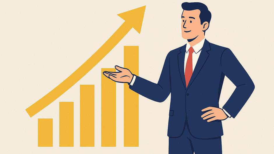 Illustration of a confident businessman in a navy suit and red tie standing beside a rising yellow arrow and bar chart, symbolizing growth and success.