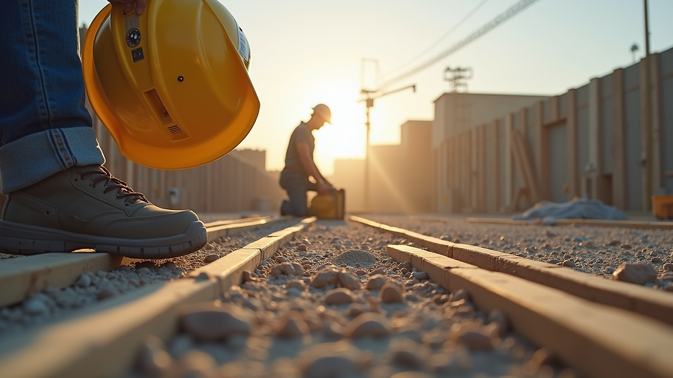 Eye-level view of a construction site showcasing skilled workers and quality materials