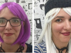 Duas fotos da Teleya lado a lado, na primeira ela usa uma peruca roxa curta, na outra ela usa uma peruca branca longa.