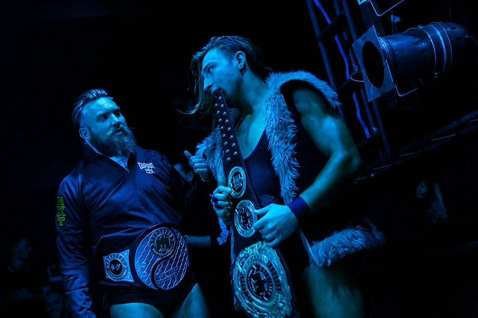 Print with Blue Hue of British Strong Style Pete Dunne and Trent Severn backstage