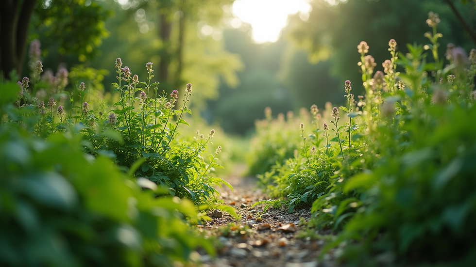 Eye-level view of a lush green garden with diverse plants