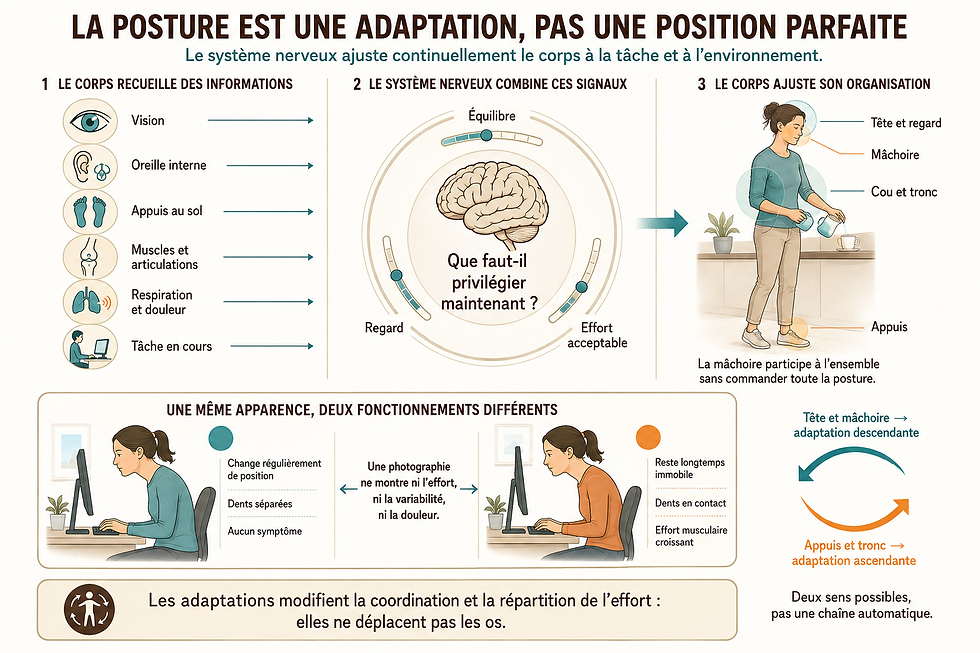 Infographie expliquant comment le système nerveux combine la vision, l’équilibre, les appuis, la respiration et la tâche pour adapter la posture, la mâchoire et les cervicales.