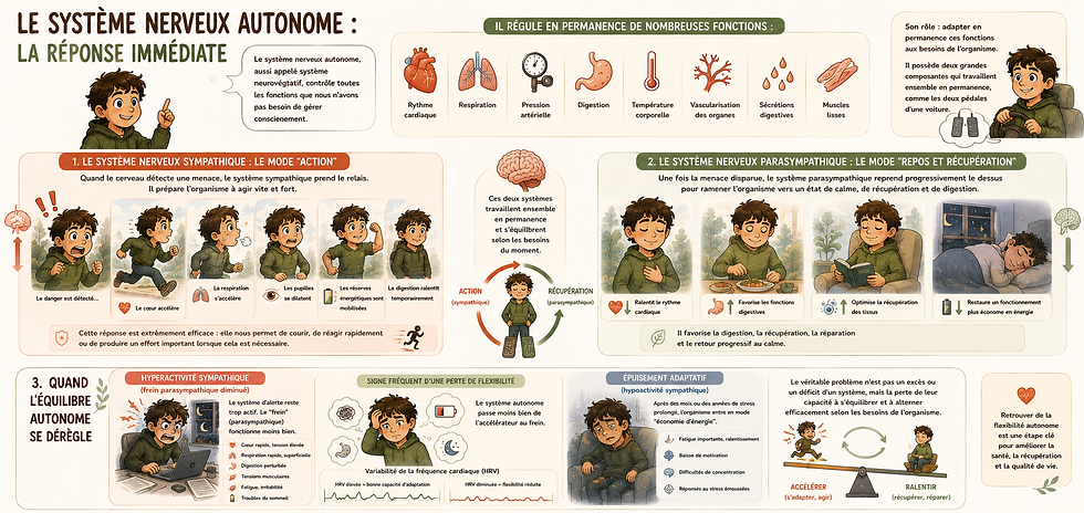 Schéma du système nerveux autonome montrant l'équilibre entre le système sympathique et le système parasympathique.