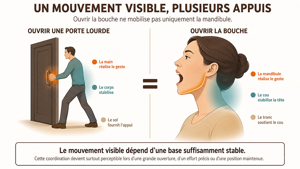 Infographie comparant l’ouverture d’une porte à celle de la bouche pour expliquer la coordination entre la mandibule, les cervicales et le tronc