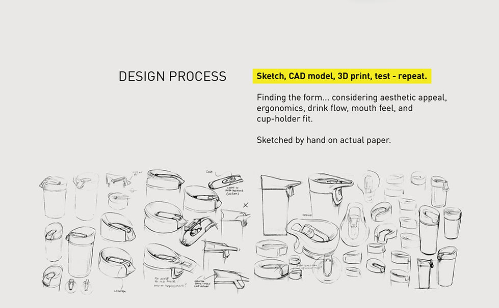 Industrial design portfolio page CamelBak Forge Flow leakproof travel mug sketch