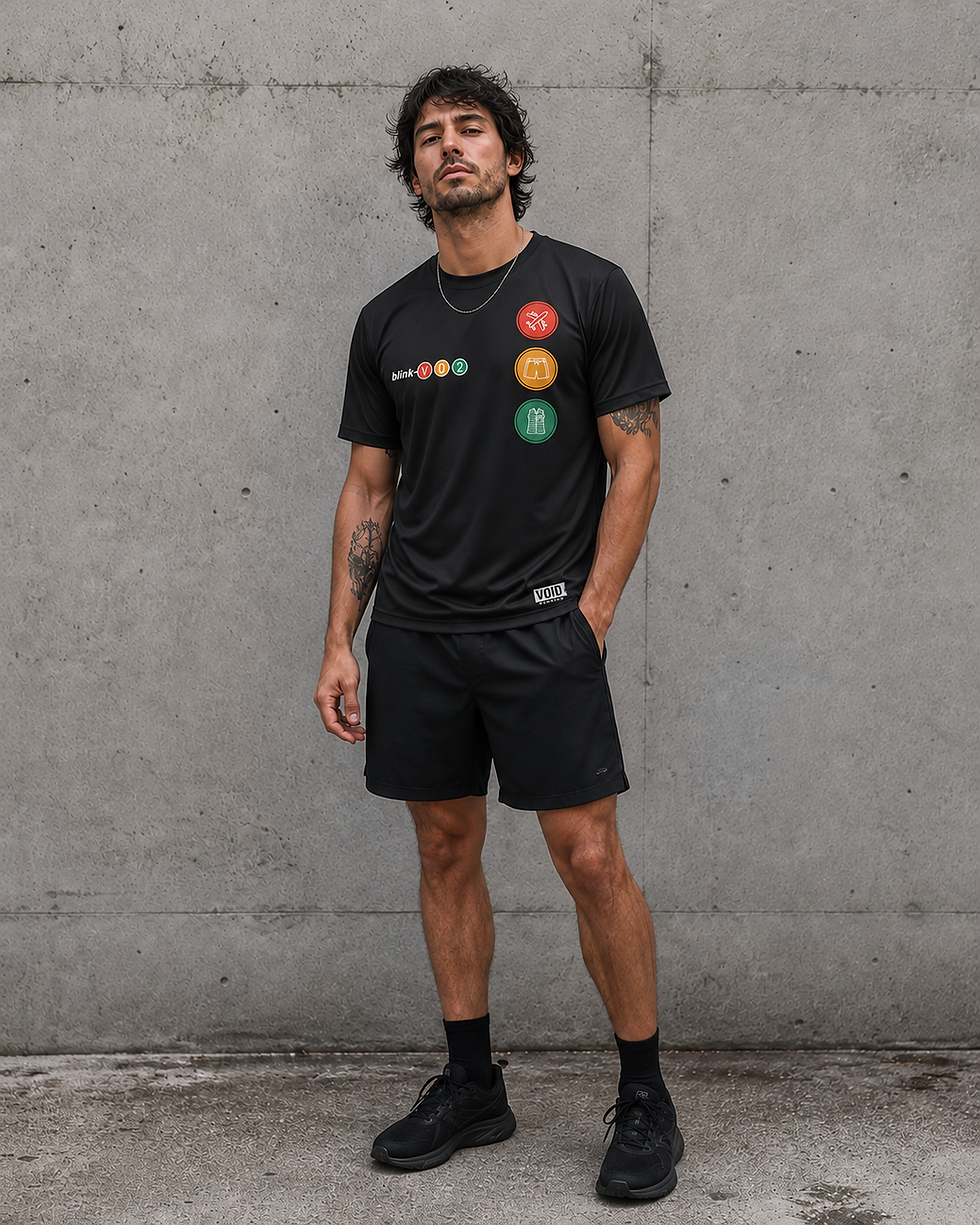 Thumbnail: Male model wearing running T-shirt featuring a Take Off Your Shorts And Gilet graphic inspired by early 2000s pop-punk album