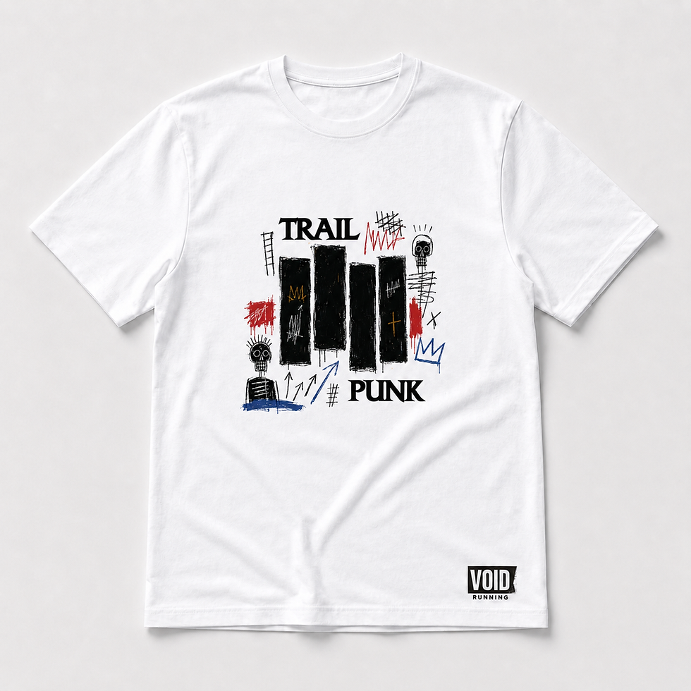 White Trail Punk performance running top with black, red and blue punk artwork and VOID Running hem logo.