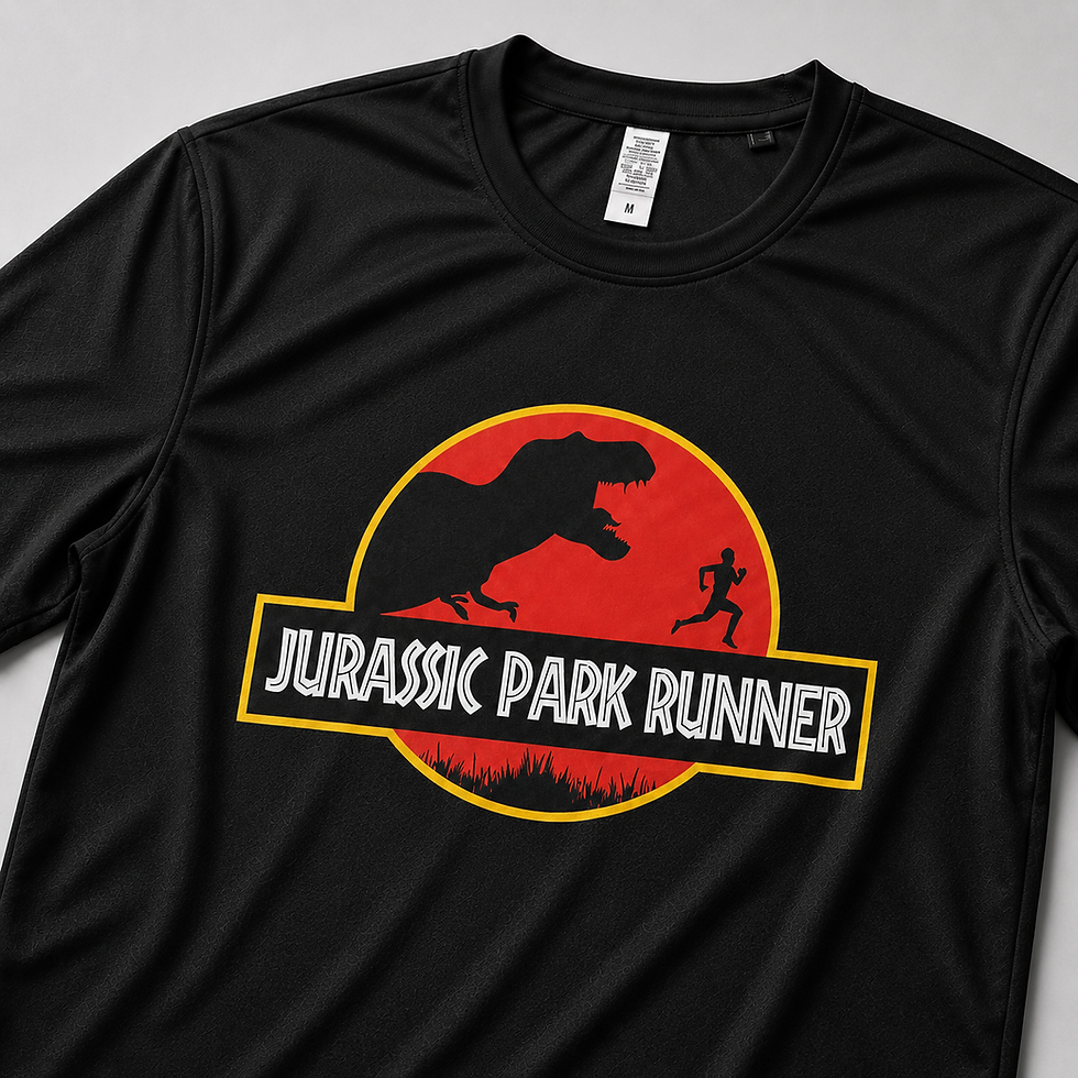Close-up of Jurassic Park Runner chest print on black technical running fabric
