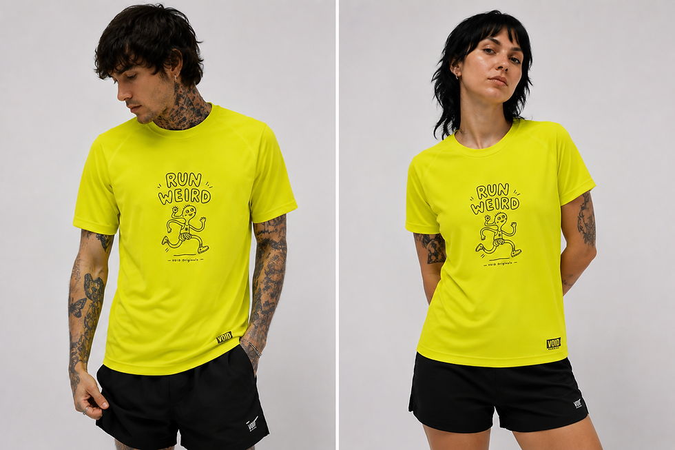 Male and female model wearing the electric yellow Run Weird short-sleeve performance running shirt with black shorts.