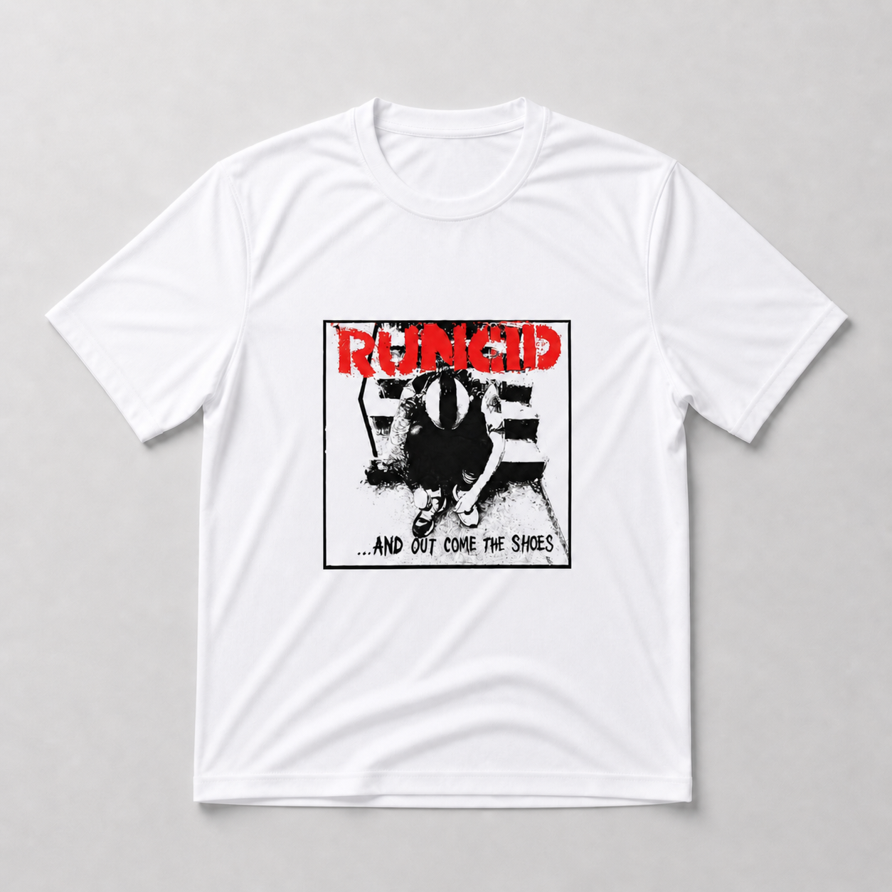 White technical running T-shirt featuring a Runcid graphic with red title text and black-and-white punk-style artwork.